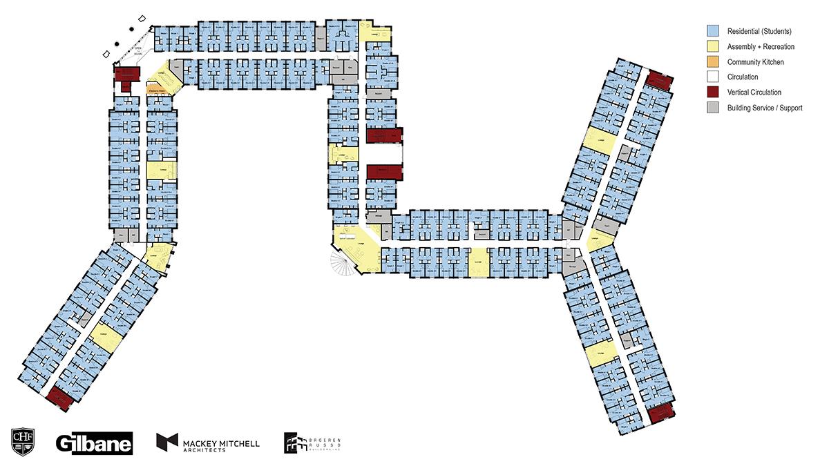 Floor plan (residential floors) of WKU's new 1,000-bed residence hall, opening fall 2028. 