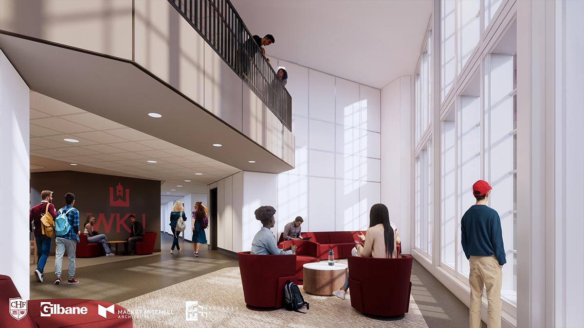Interior rendering of WKU's new 1,000-bed residence hall, opening fall 2028; main entrance.