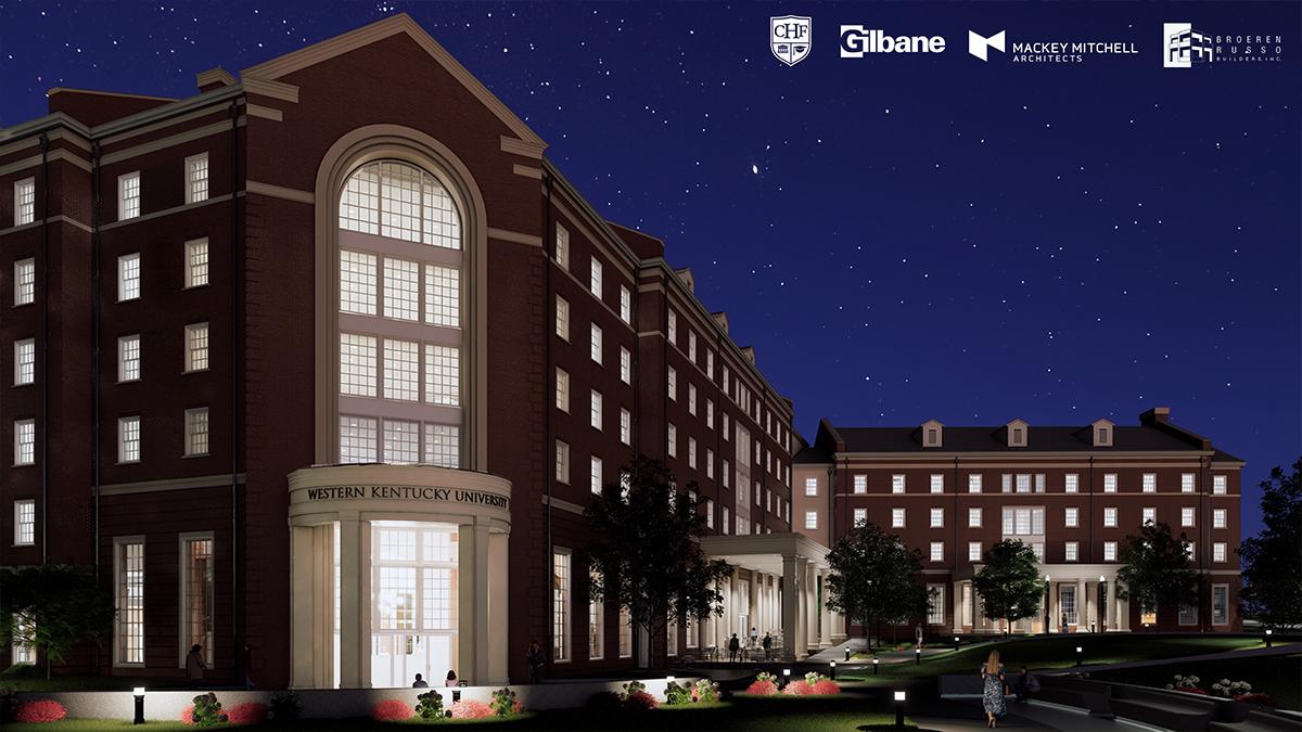Exterior rendering of WKU's new 1,000-bed residence hall, opening fall 2028. Viewpoint of exterior main entry. 