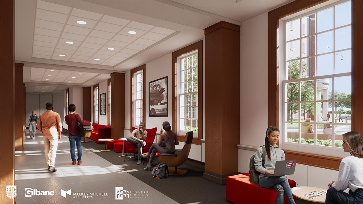 Interior rendering of WKU's new 1,000-bed residence hall, opening fall 2028. Residential corridor. 