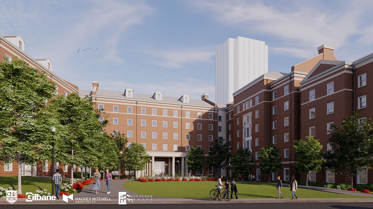 Exterior rendering of WKU's new 1,000-bed residence hall, opening fall 2028. Viewpoint from Avenue of Champions.