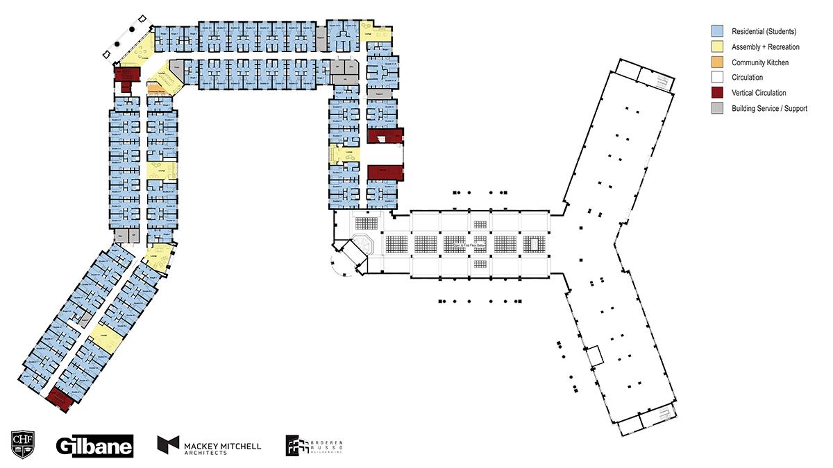 Floor plan (second floor) of WKU's new 1,000-bed residence hall, opening fall 2028. 