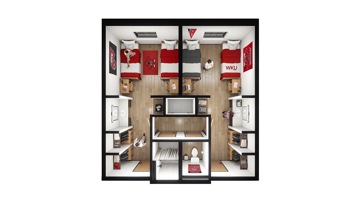 Interior room rendering of WKU's new 1,000-bed residence hall, opening fall 2028. Semi-suite configuration. 