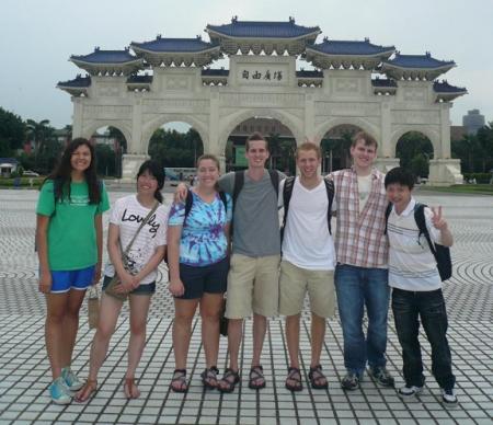 Six WKU students participated in a 10-week program this summer at National Chung Hsing University (NCHU) in Taichung, Taiwan. From left, at Freedom Plaza in Taipei, are Linda Cruz, Amy Ni, Hillary Asberry, Elijah Ernst, Justin Wellum, John Biechele Speziale and NCHU student Frank Lin