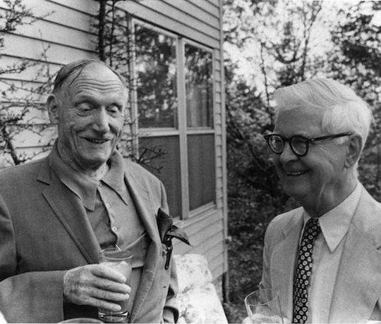 Robert Penn Warren with friend and co-author Cleanth Brooks in Fairfield, Connecticut, 1979. Both authors were central figures of New Criticism, a literary movement that focused on close reading of text. Photo by Bill Ferris of the Center for Southern Folklore.