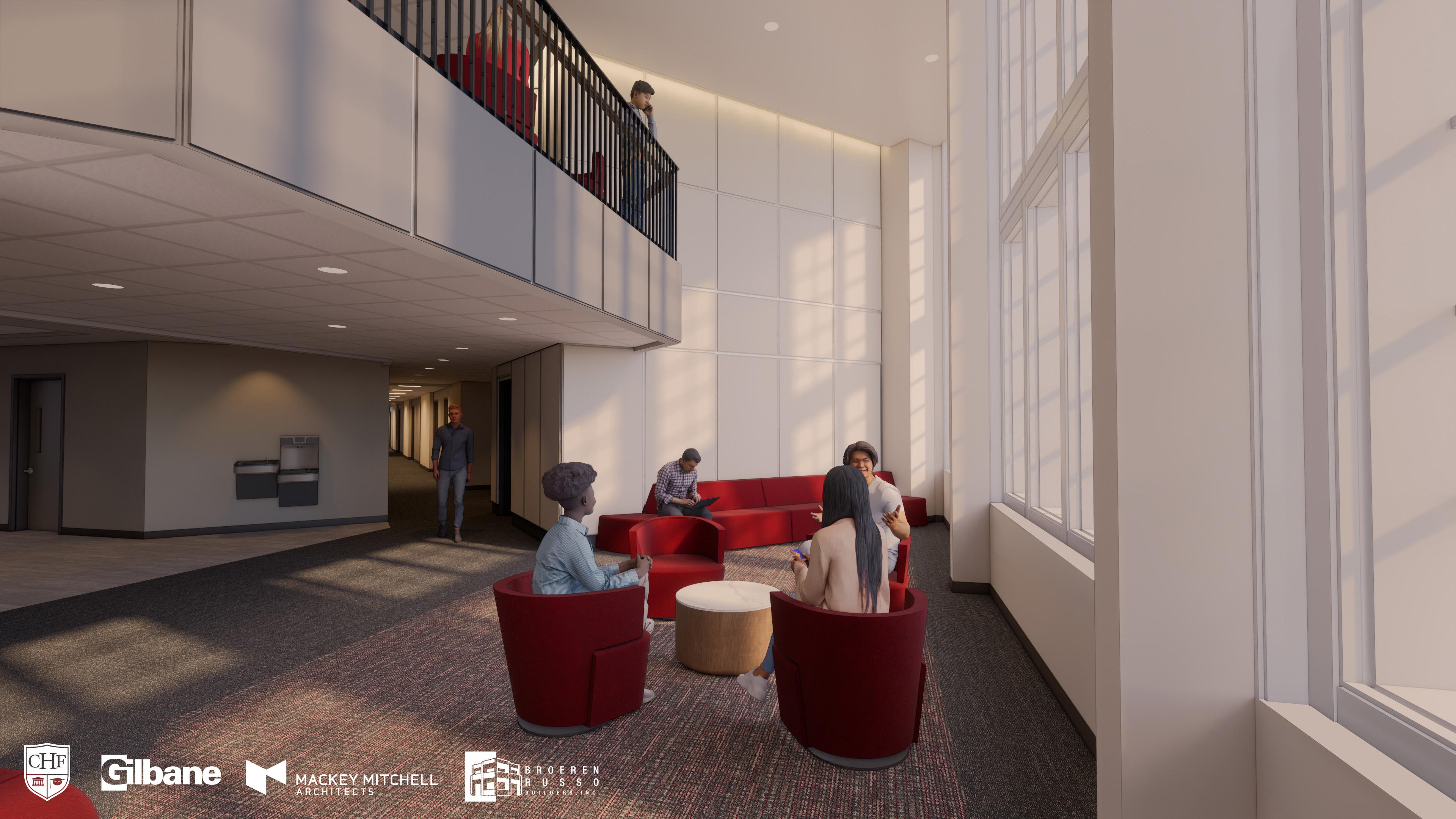 Interior rendering of WKU's new 1,000-bed residence hall, opening fall 2028; main entrance.