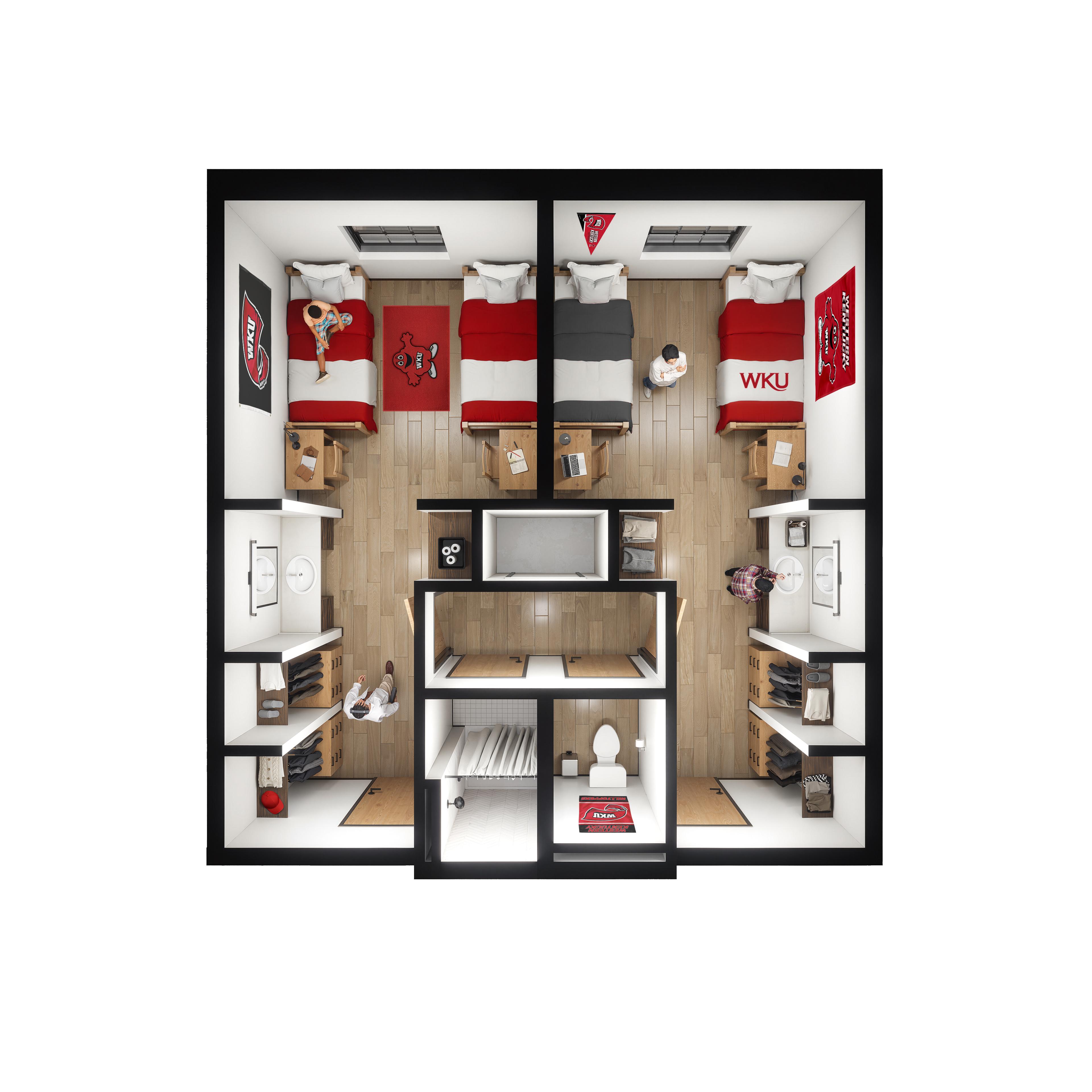 Interior room rendering of WKU's new 1,000-bed residence hall, opening fall 2028. Semi-suite configuration.