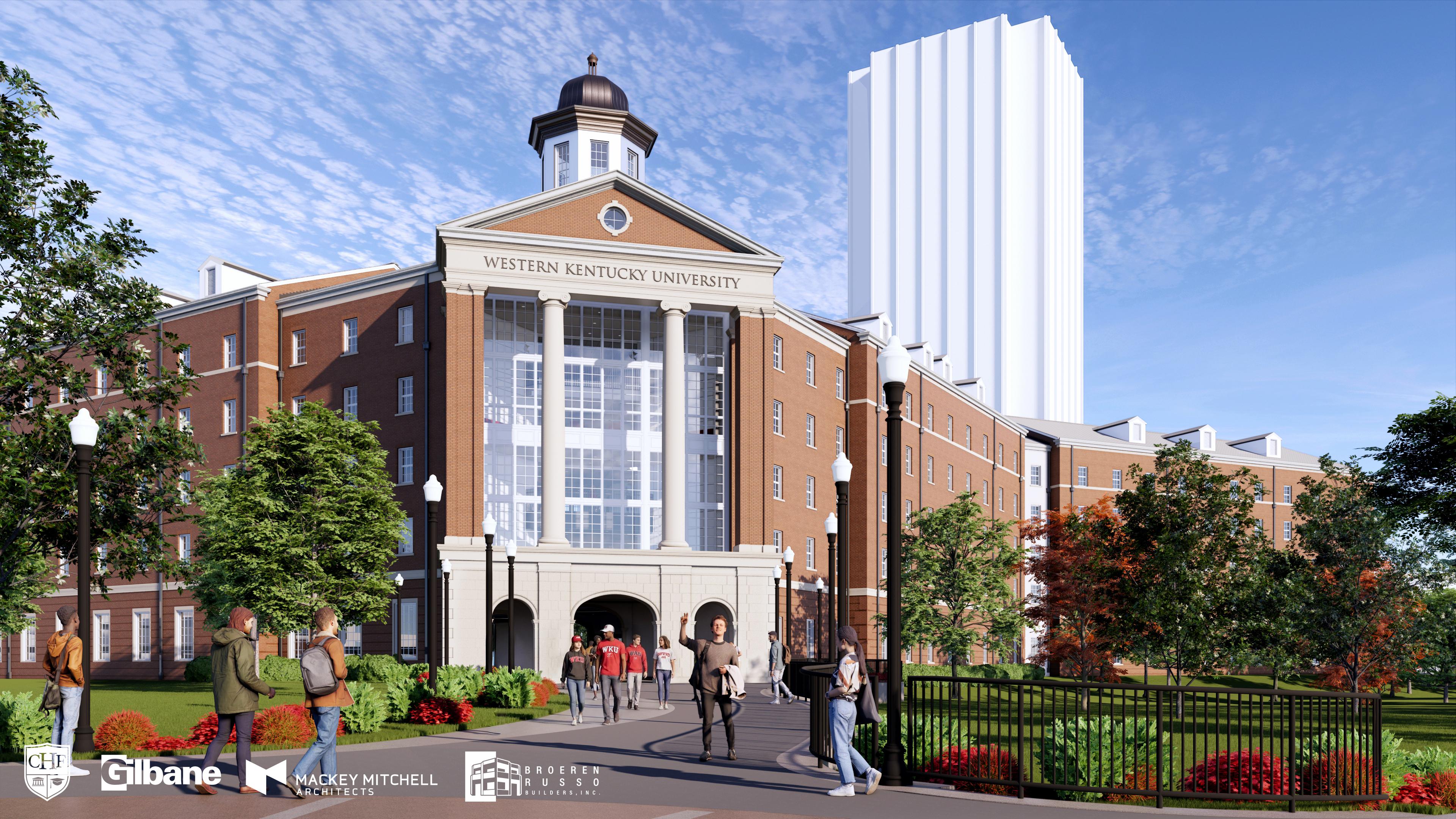 Exterior rendering of WKU's new 1,000-bed residence hall, opening fall 2028. Viewpoint of exterior portal entry from University Blvd.