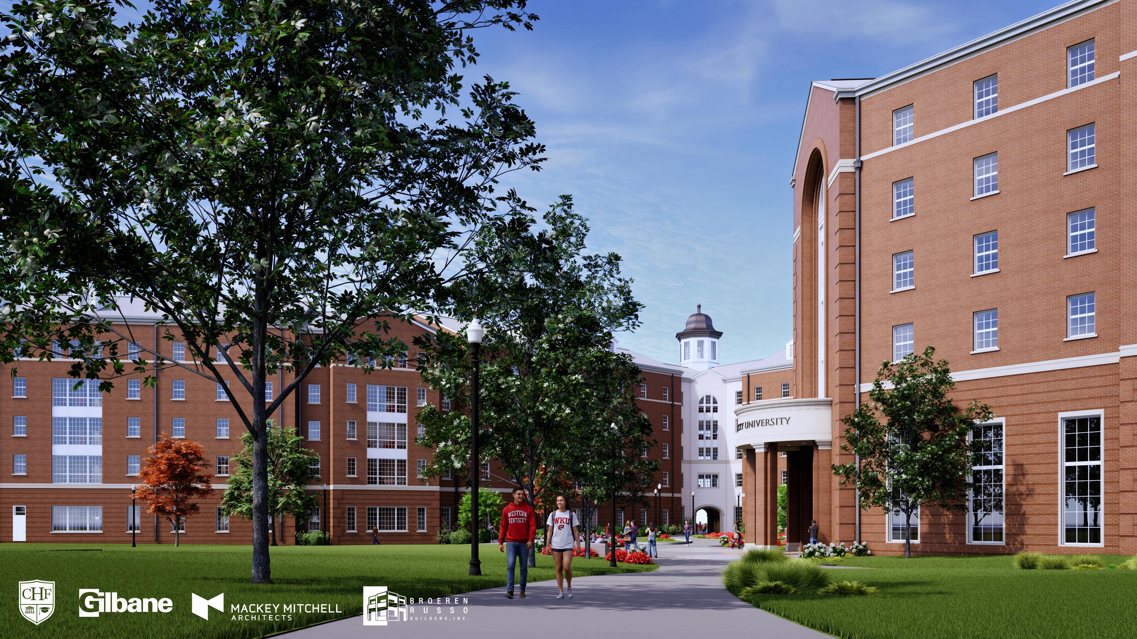 Exterior rendering of WKU's new 1,000-bed residence hall, opening fall 2028. Viewpoint of exterior entry from the First Year Village lawn.