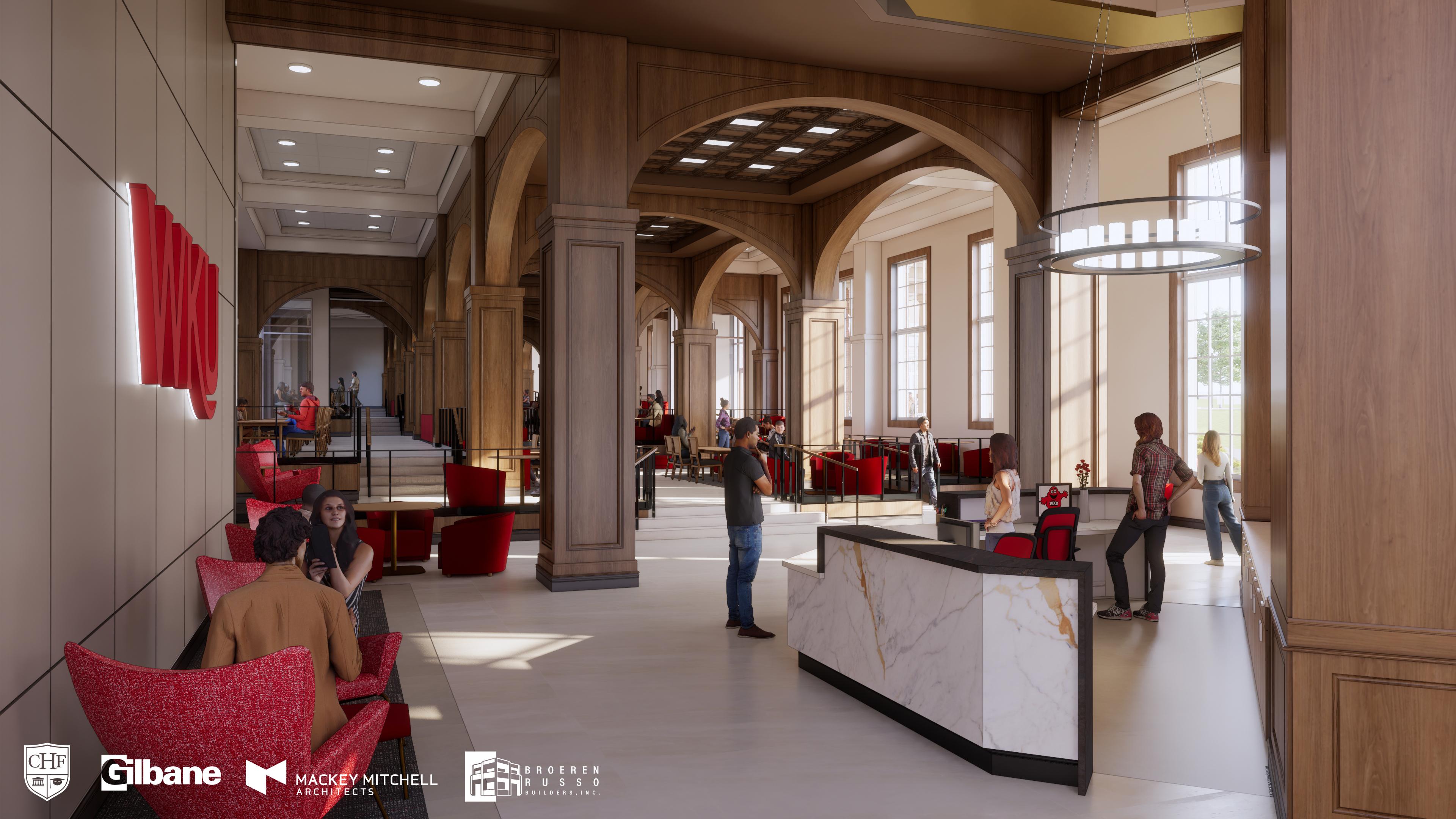 Interior rendering of WKU's new 1,000-bed residence hall, opening fall 2028. Reception area.