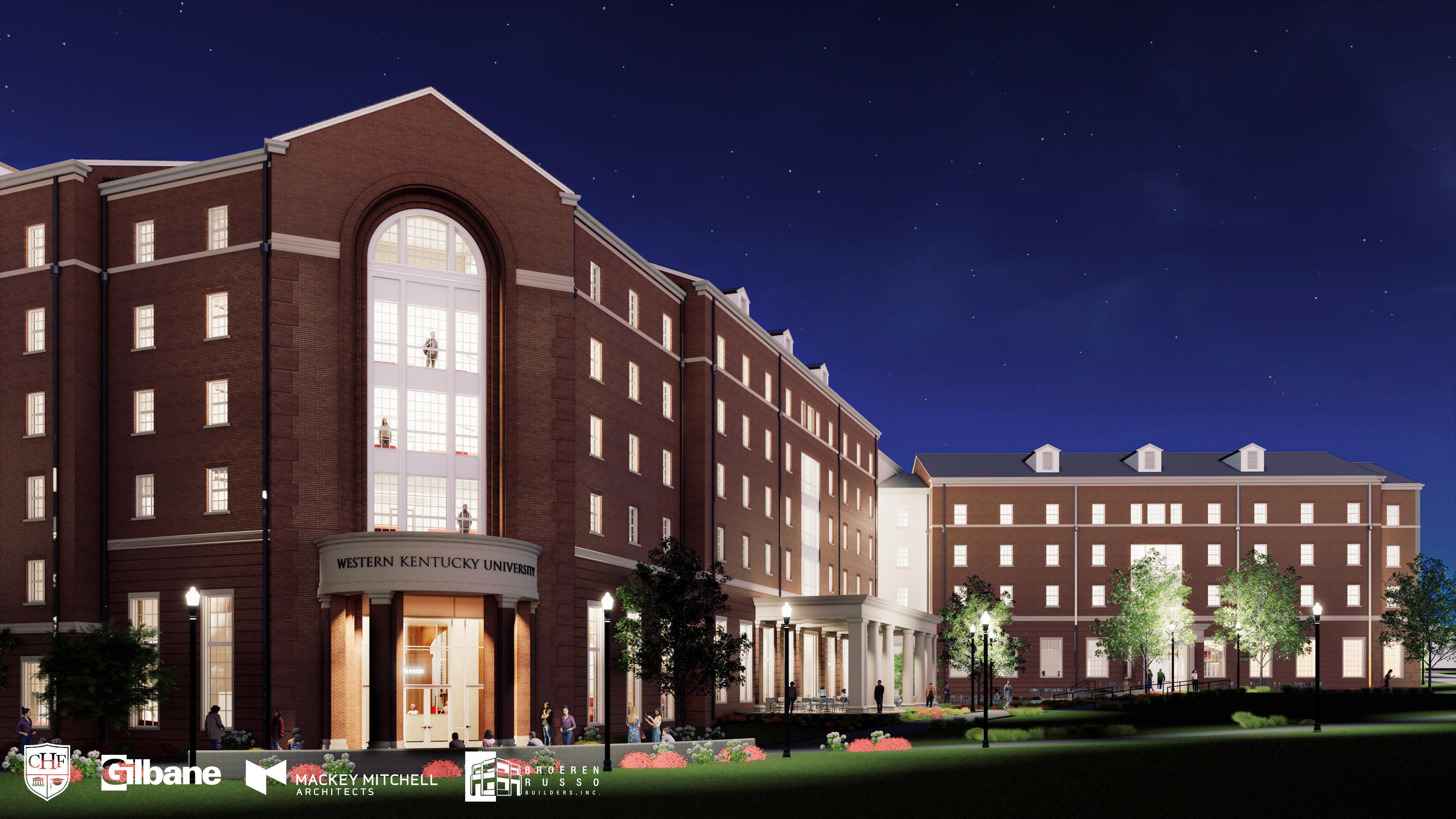 Exterior rendering of WKU's new 1,000-bed residence hall, opening fall 2028. Viewpoint of exterior main entry.