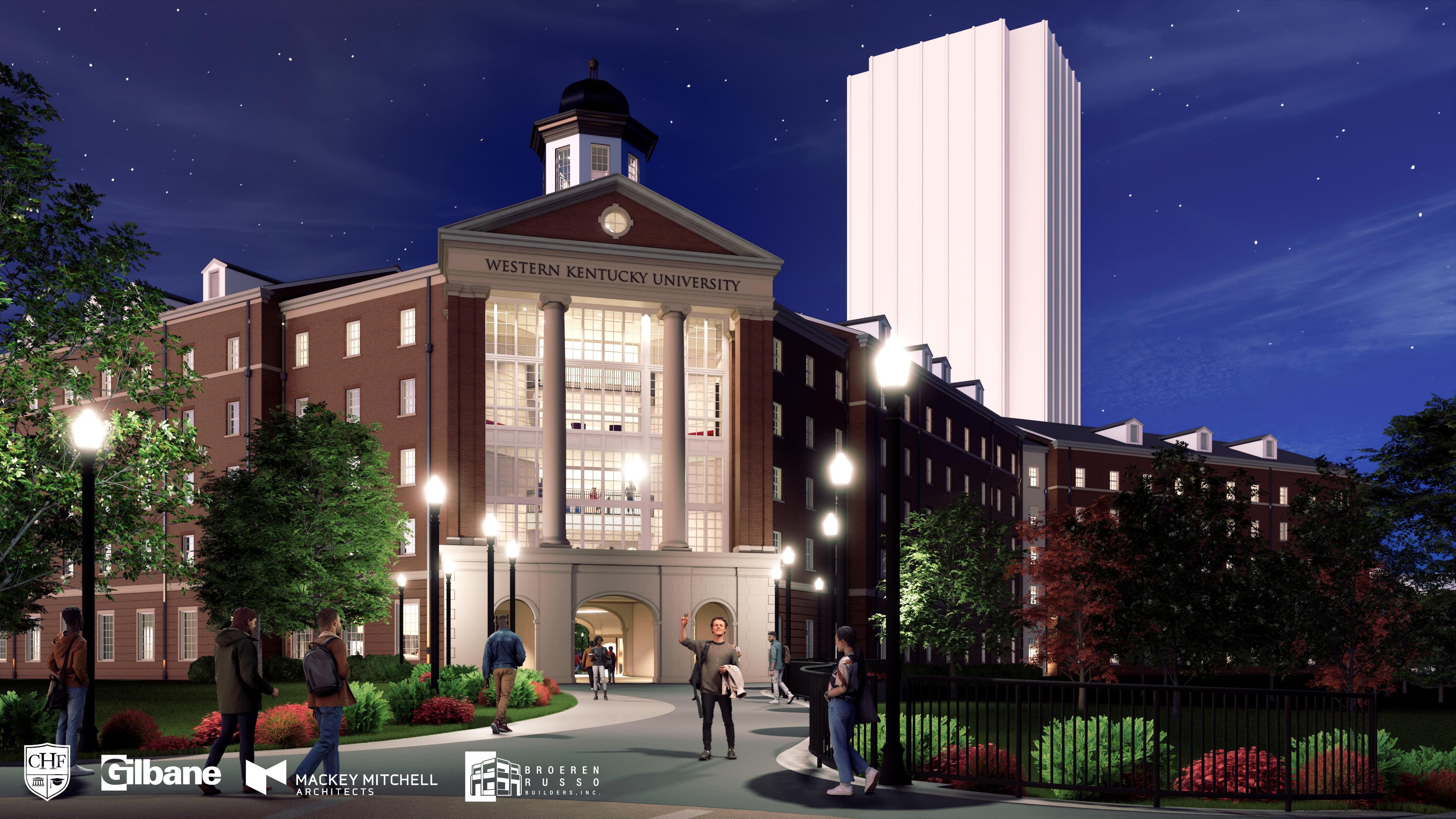 Exterior rendering of WKU's new 1,000-bed residence hall, opening fall 2028. Viewpoint of exterior portal entry from University Blvd.