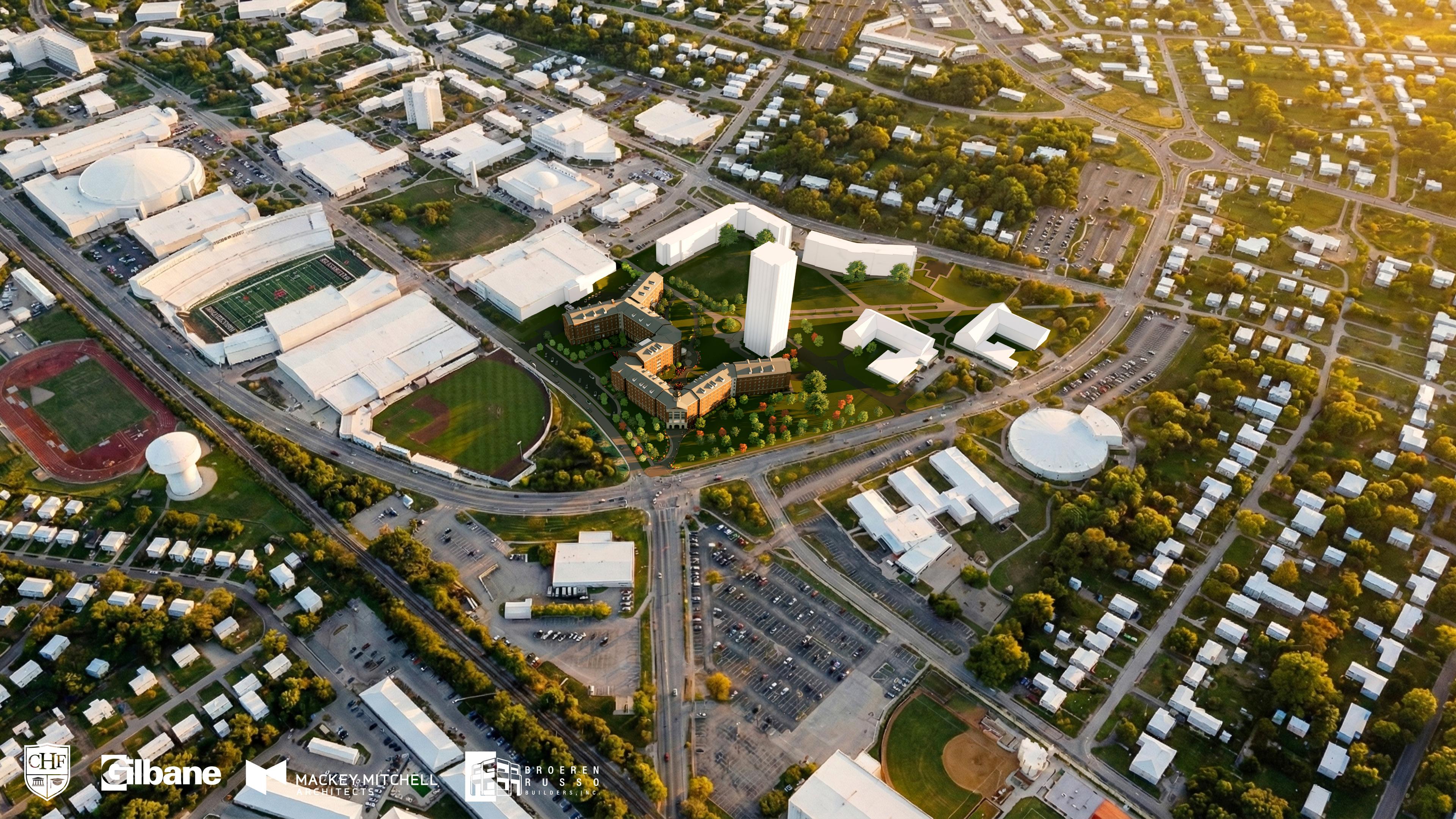 Aerial rendering of the new 1,000-bed residence hall on WKU's campus, opening fall 2028