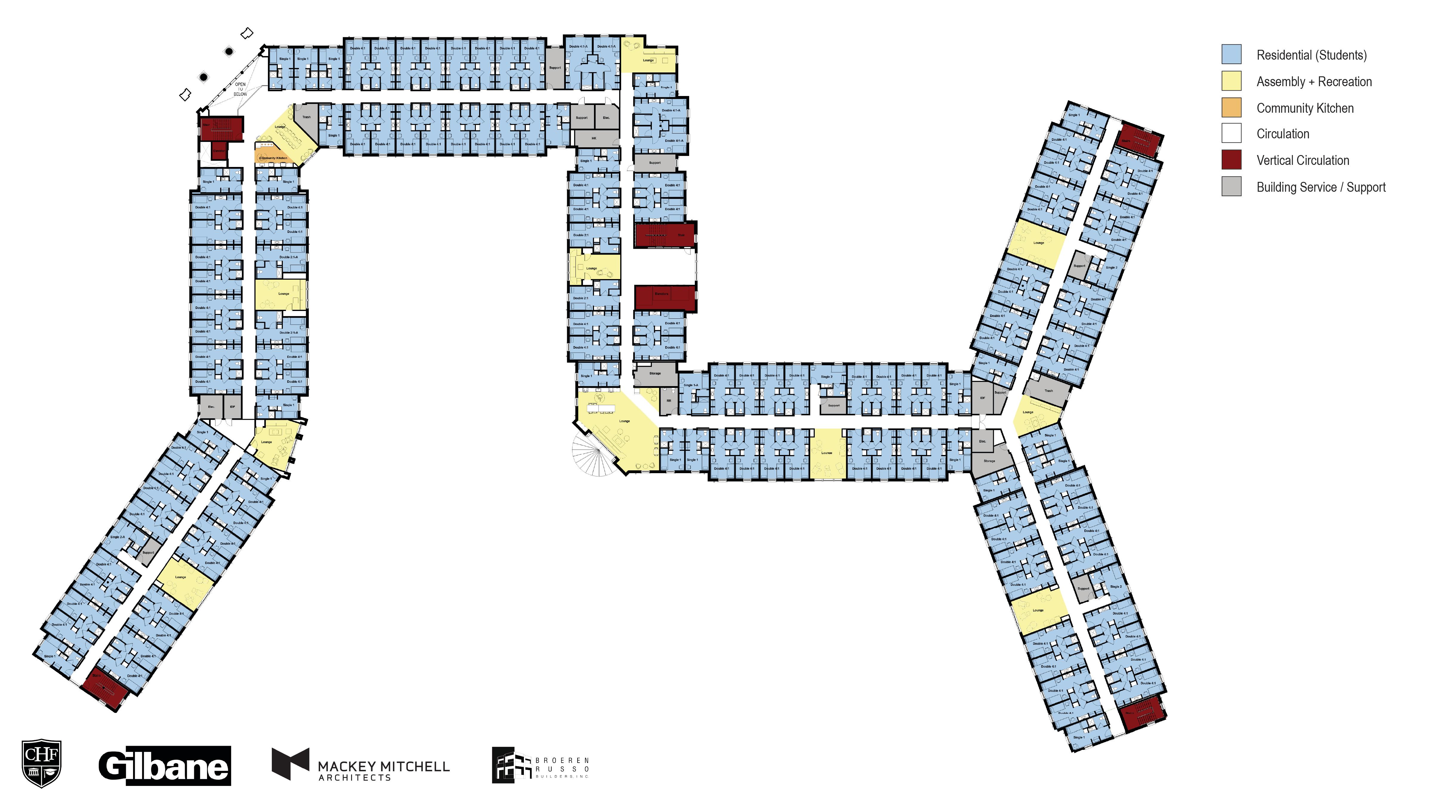 Floor plan (residential floors) of WKU's new 1,000-bed residence hall, opening fall 2028.