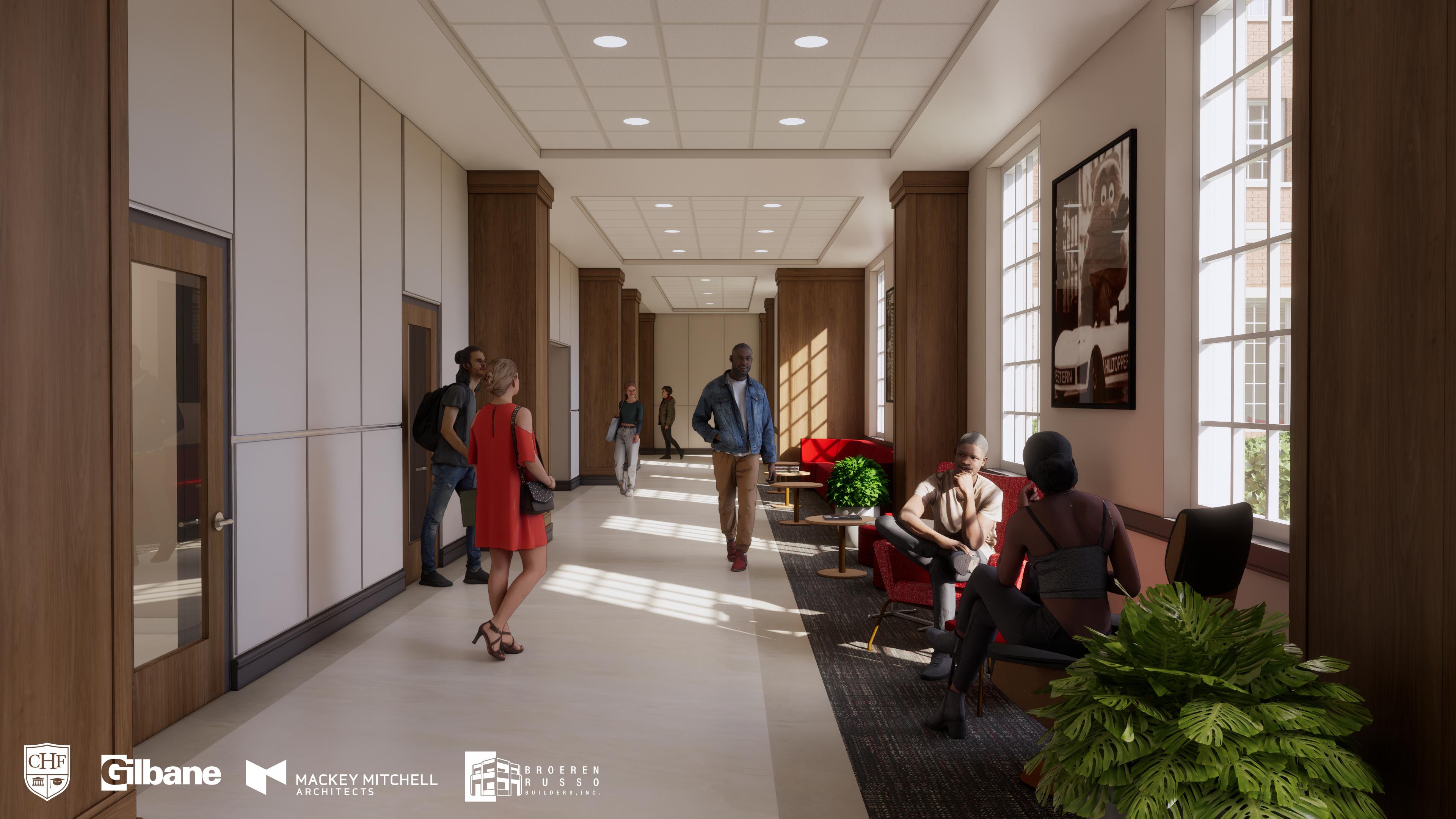 Interior rendering of WKU's new 1,000-bed residence hall, opening fall 2028. Residential corridor.