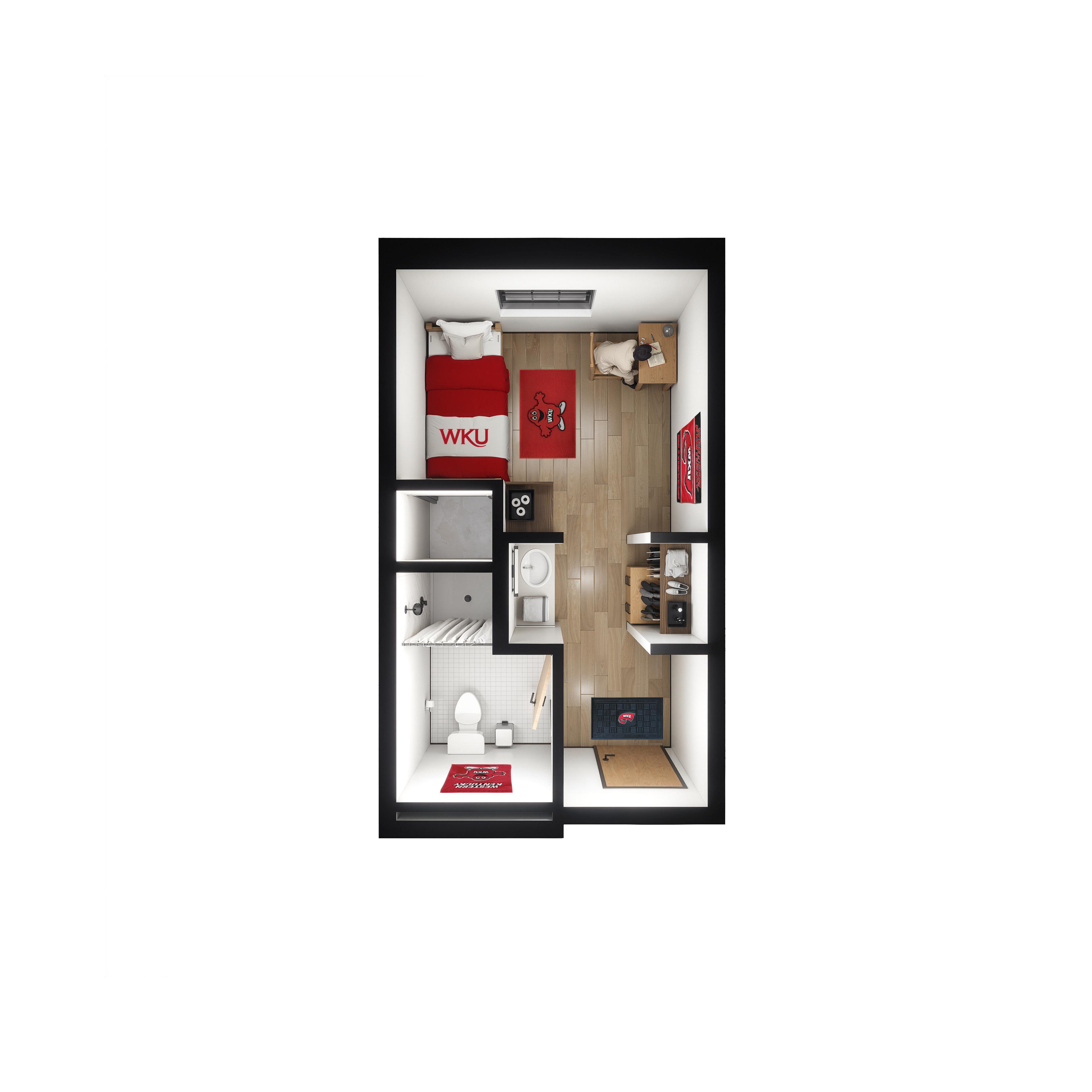 Interior room rendering of WKU's new 1,000-bed residence hall, opening fall 2028. Private hotel-style configuration.