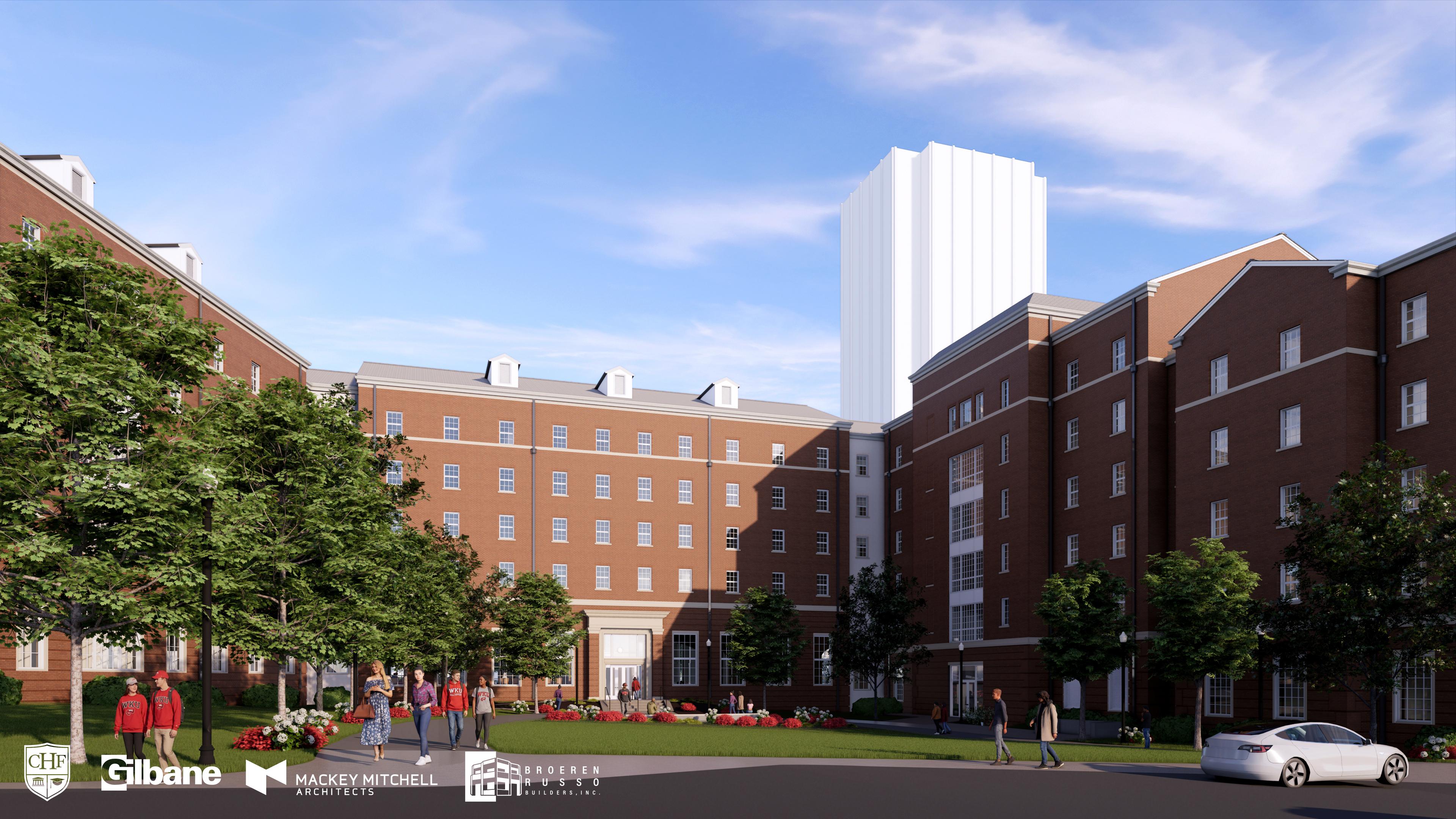 Exterior rendering of WKU's new 1,000-bed residence hall, opening fall 2028. Viewpoint from Avenue of Champions.