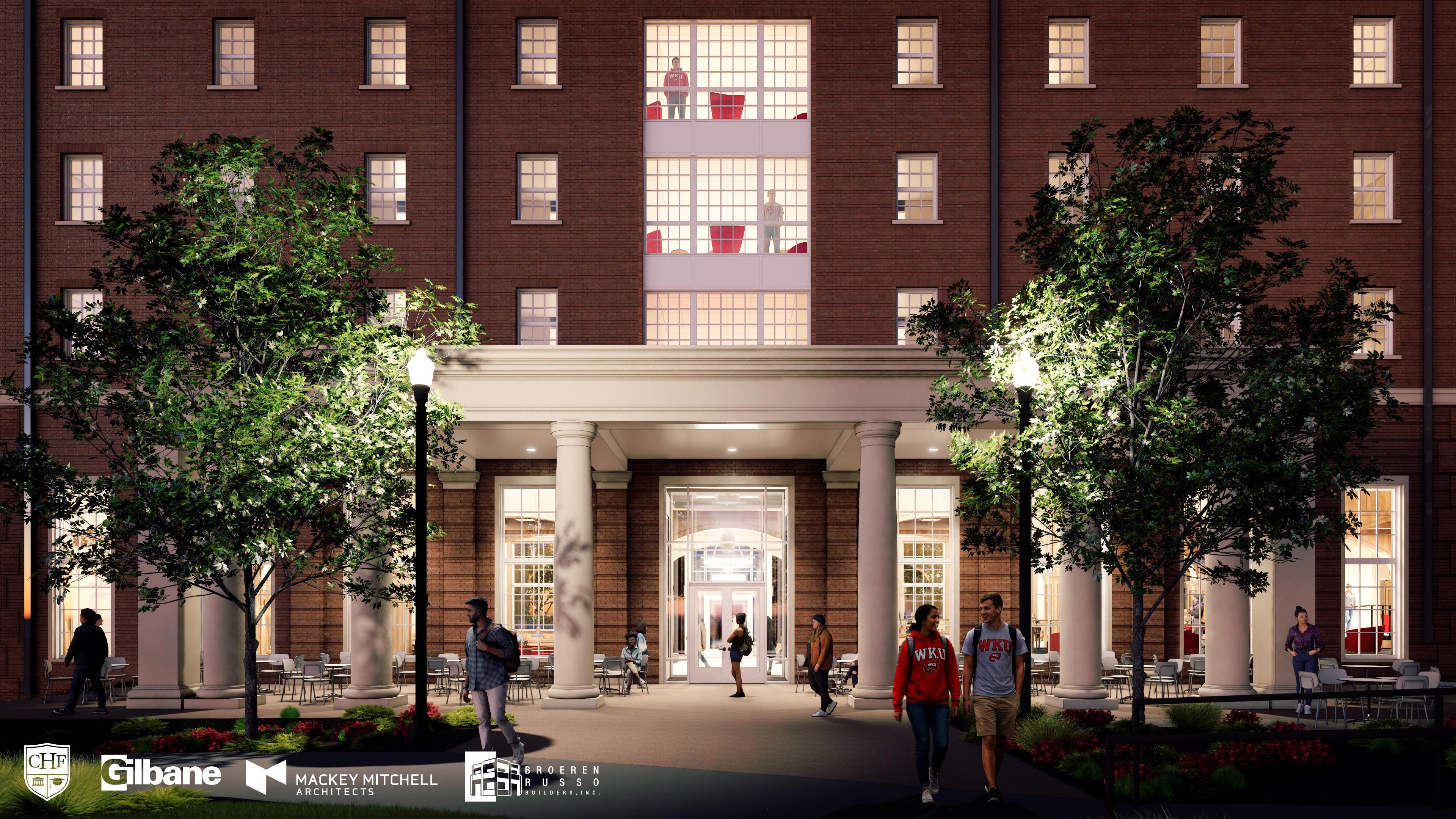 Exterior rendering of WKU's new 1,000-bed residence hall, opening fall 2028. Viewpoint of exterior dining entry at night.