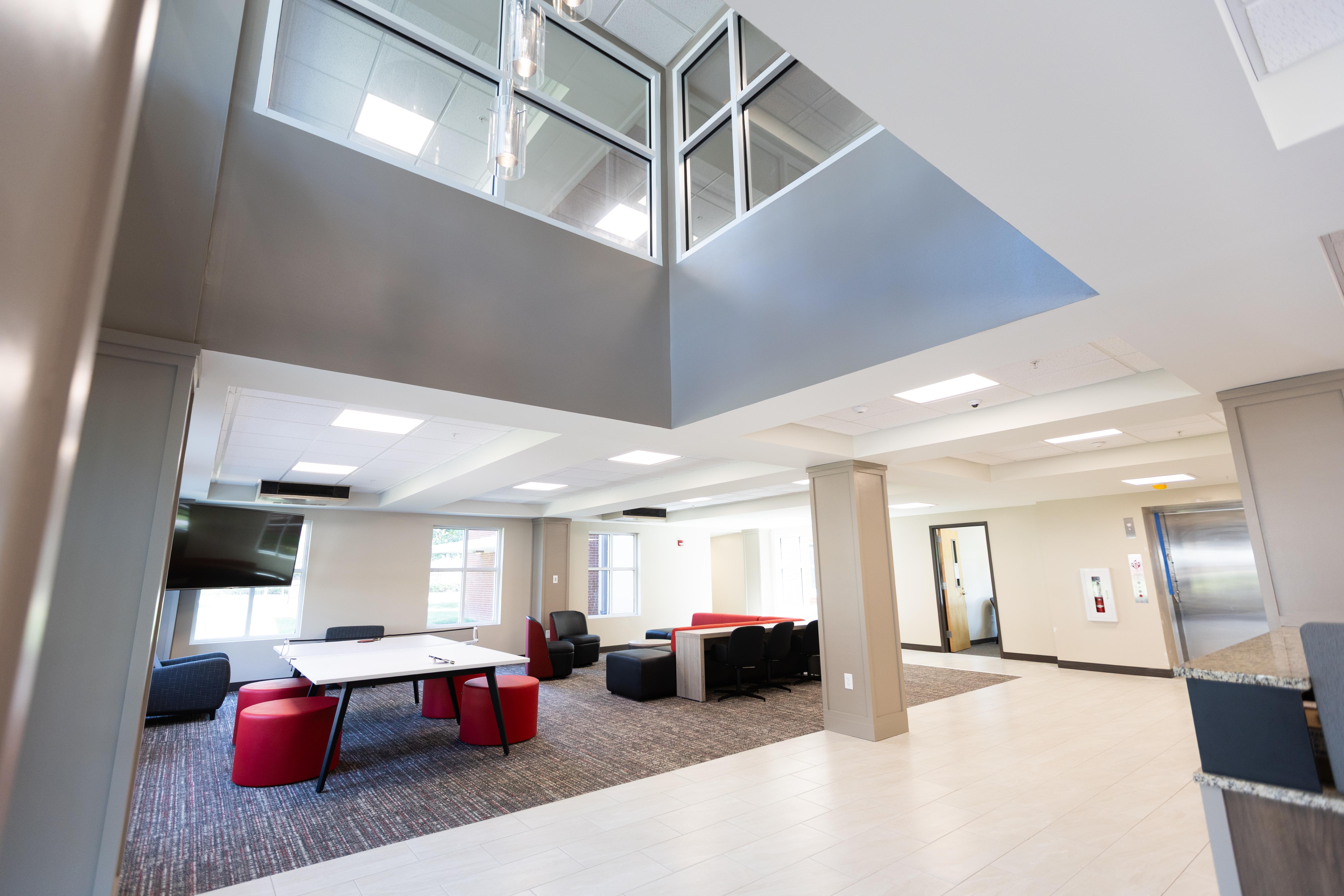 Photo of renovations to the first floor of Southwest Hall, showing a lounge space