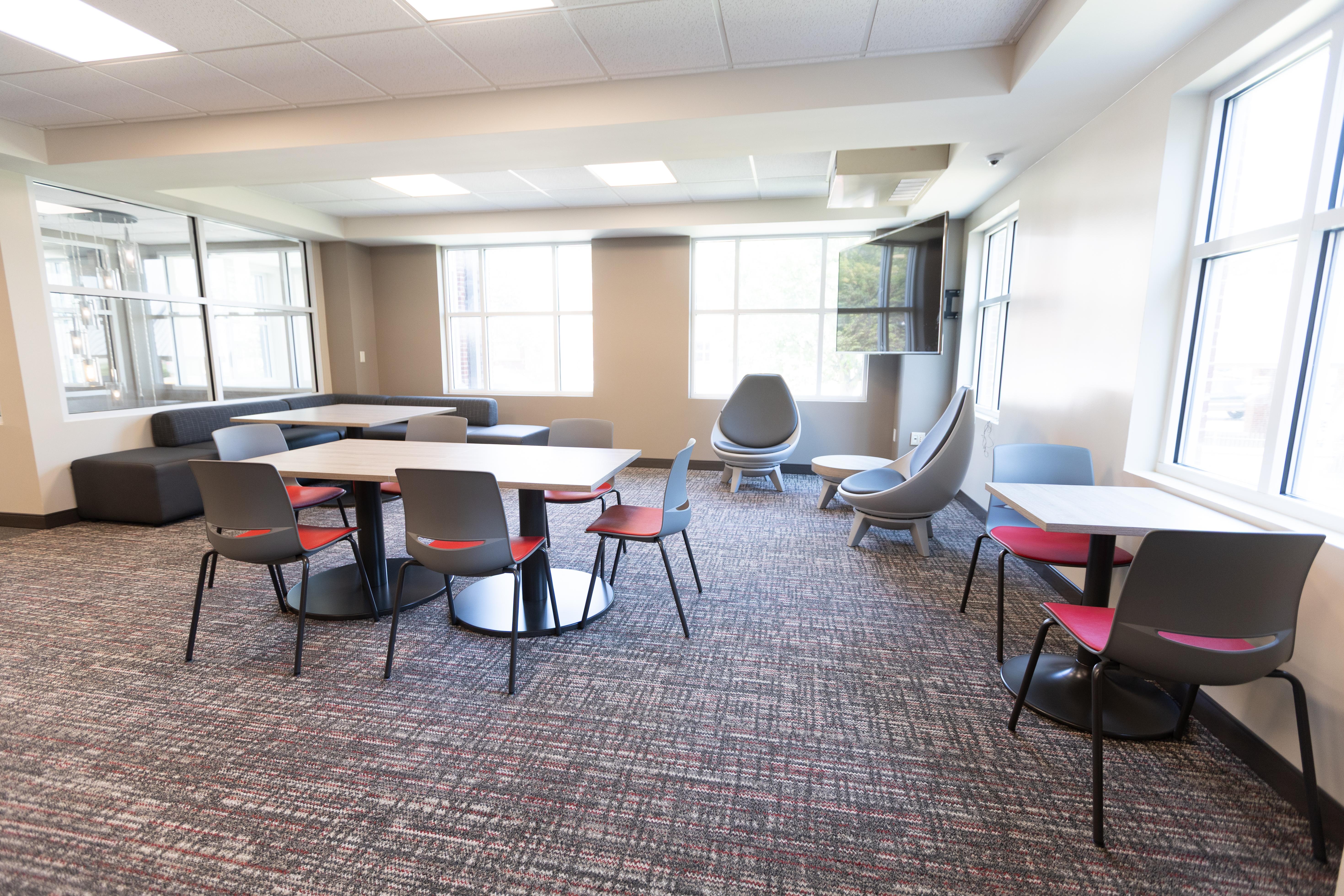 Photo of renovations to the first floor of Southwest Hall, showing a lounge space