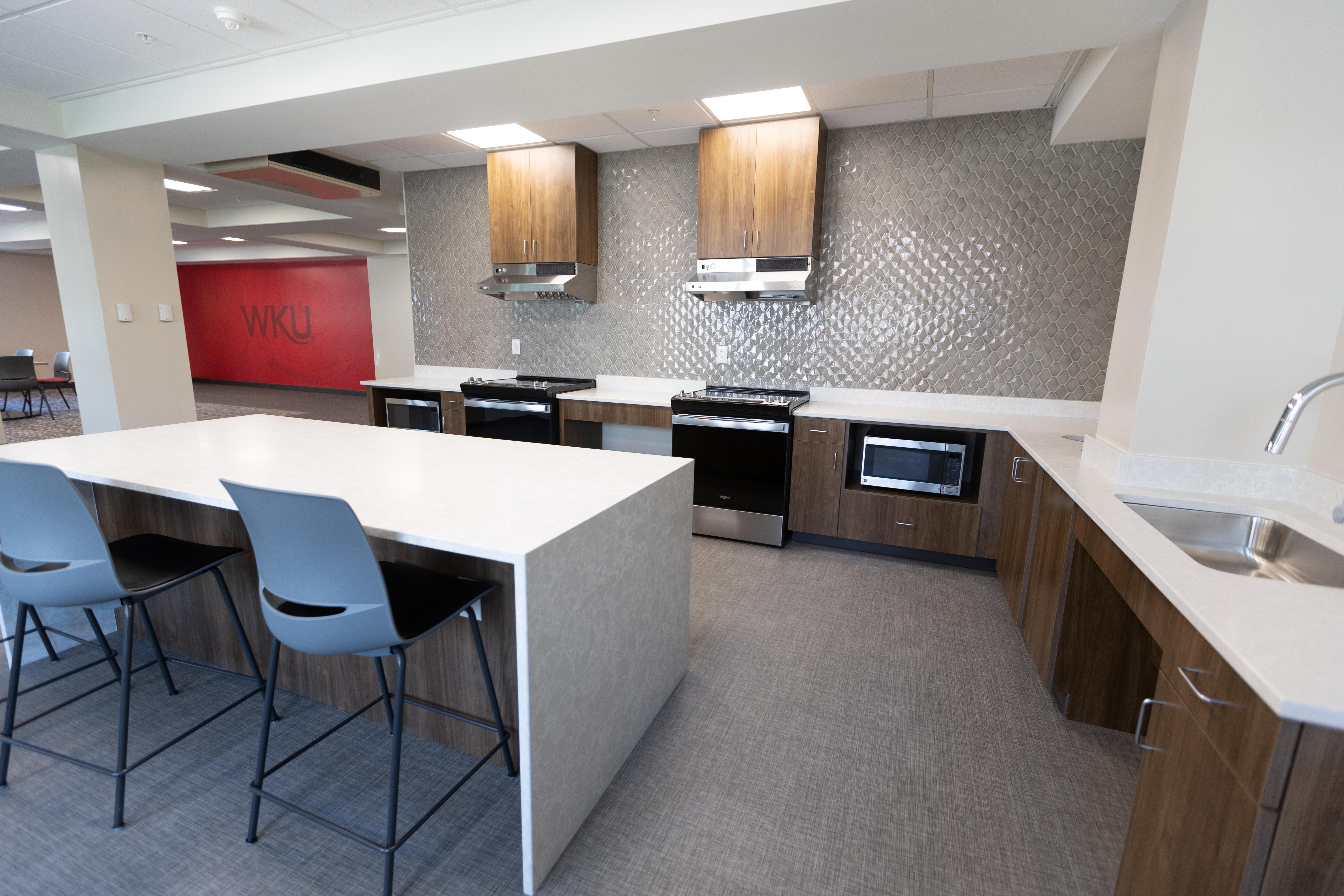Photo of renovations to the second floor of Southwest Hall, showing a kitchen space