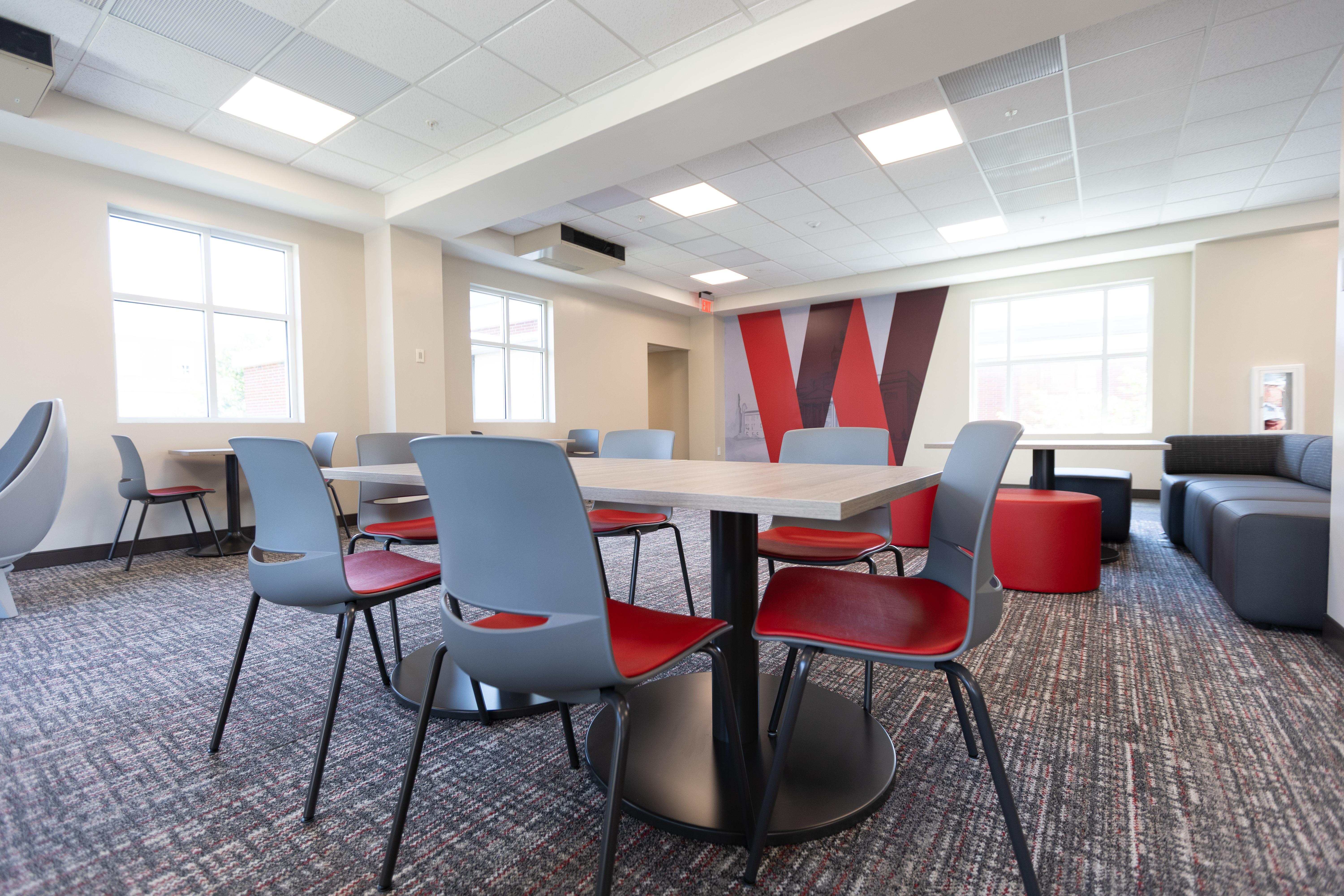 Photo of renovations to the third floor of Southwest Hall, showing a lounge space