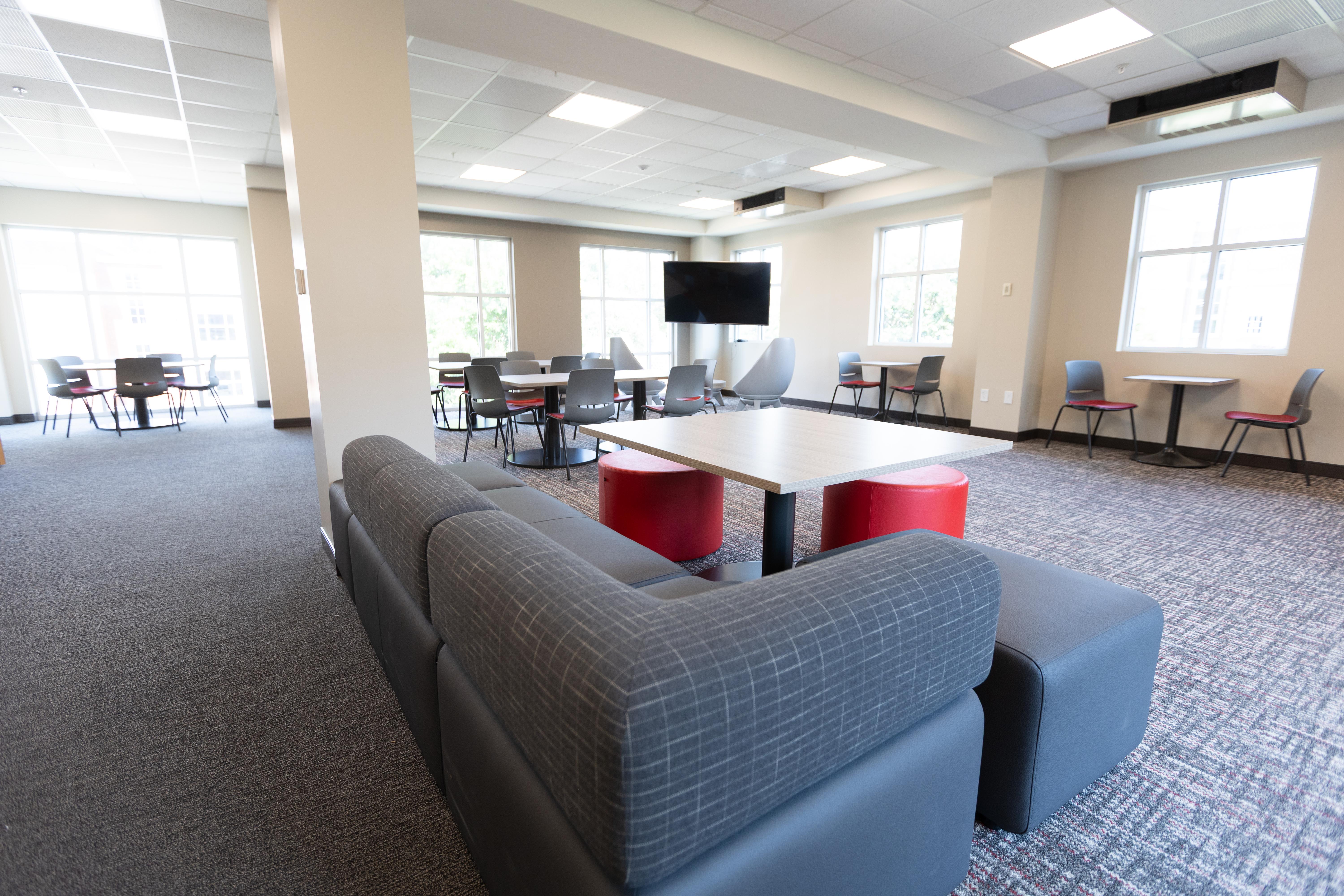 Photo of renovations to the third floor of Southwest Hall, showing a lounge space