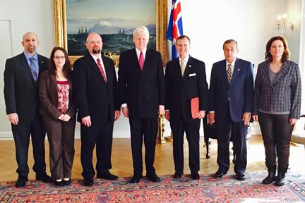 Pictured: WKU Geography & Geology’s Dr. Jason Polk and Dr. Leslie North, University of Akureyri Rector Eyjolfur Guomundsson, Iceland President Olafur Grimsson, WKU President Gary A. Ransdell, WKU Scholar in Residence Dr. Bernie Strenecky, and Director of Icelandic Arctic Cooperation Network, Embla Eir Oddsdottir