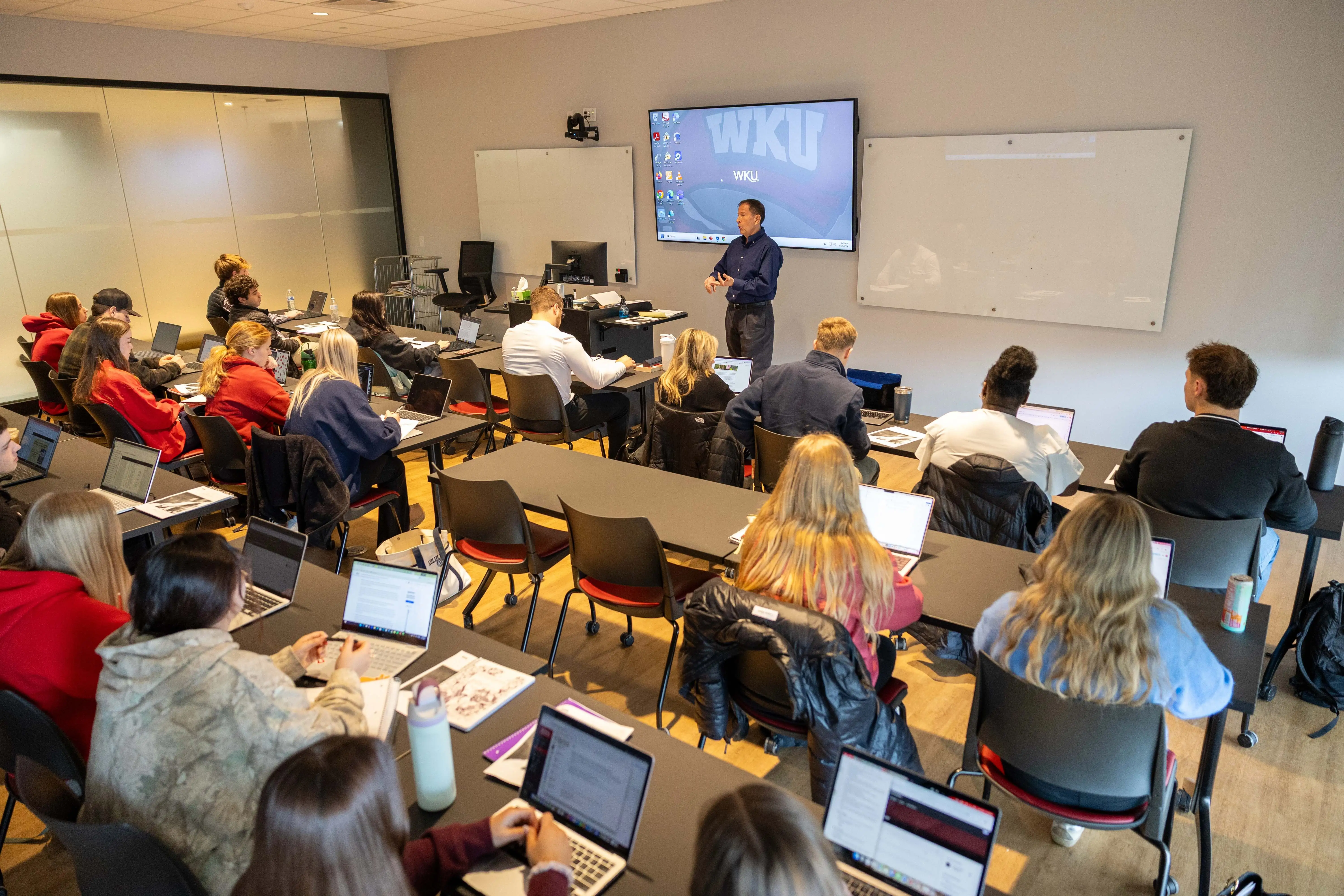 Marketing class in Chandler Hall. Students listening to a Marketing Professor