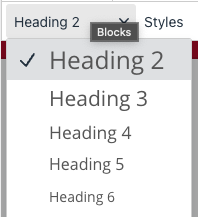 A screenshot of the blocks dropdown in the WYSIWYG editor