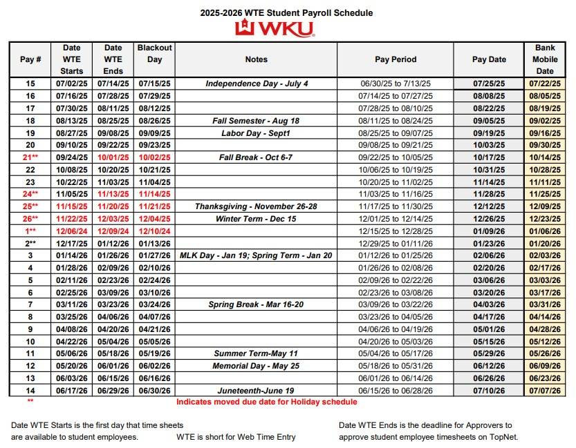 dates of student payroll period for fiscal year 2026