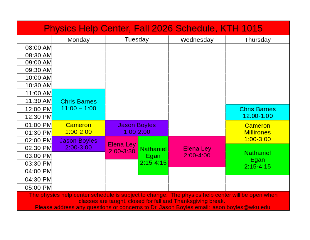 Physics Help Center, Fall 2026 Schedule Physics Help Center, Fall 2026 Schedule