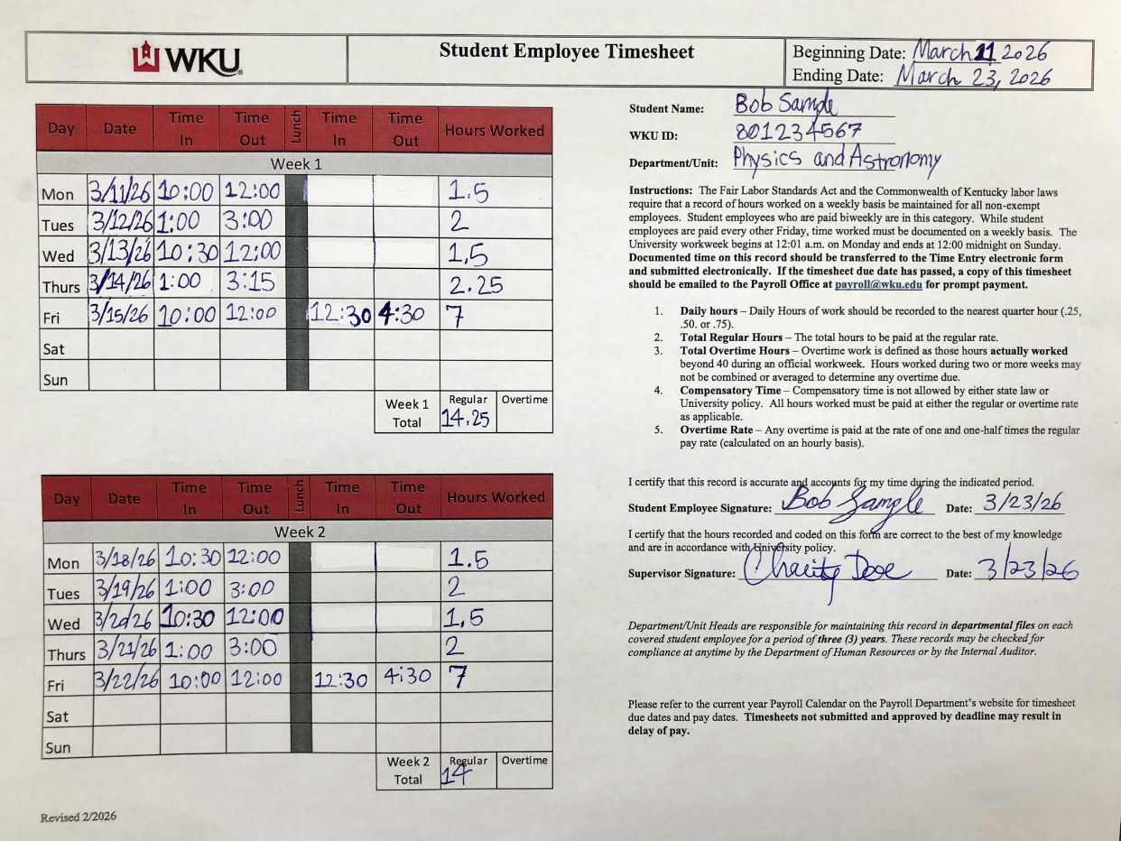 new example timsheet for student employees spring 2026