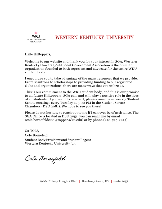 WKU SGA President Bornefeld writes a letter to the student body.