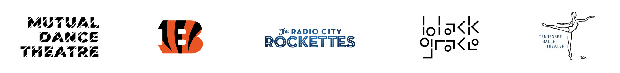 Alumni Dance Logos: Radio City Rockettes, Black Grace, Cincinnati Ben-Gals Mutual Dance Company, Tennessee Ballet Theatre
