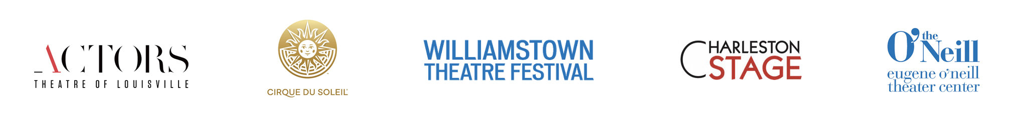 5 Alumni Theatre Logos: Williamstown Theatre Festival, Eugene ONeill Theater Center, Cirque du Soleil Charleston Stage Company, Actors Theatre of Louisville