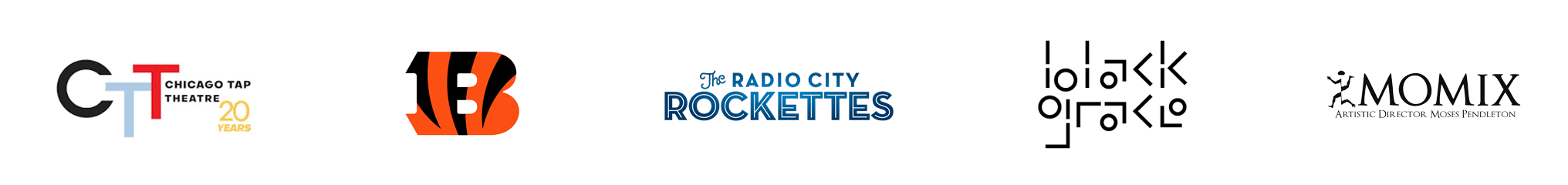Logos for Radio City Rockettes, Black Grace,  Cincinnati Ben-Gals, Momix, and Chicago Tap Theatre