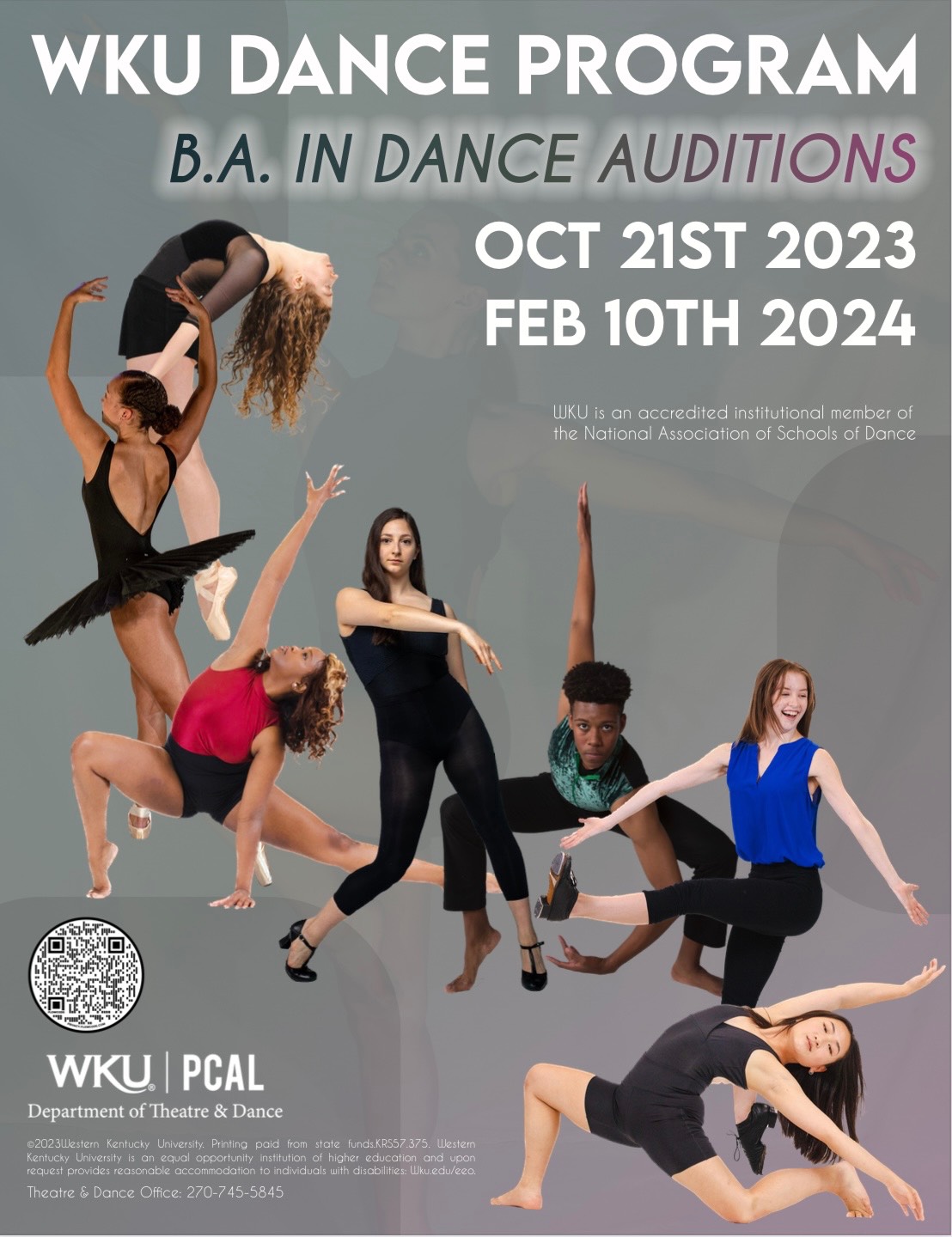 Poster depicting dancers performing all four genres of dance along with the same details regarding dates and location for the auditions also listed below.