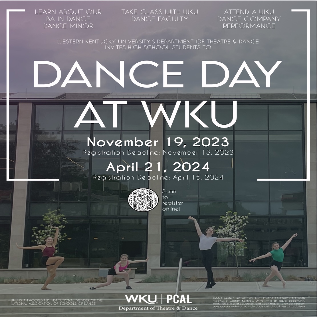 Dancers representing the four genres pose in front of the Commons. Overlaid is text describing the information regarding Dance Day at WKU.