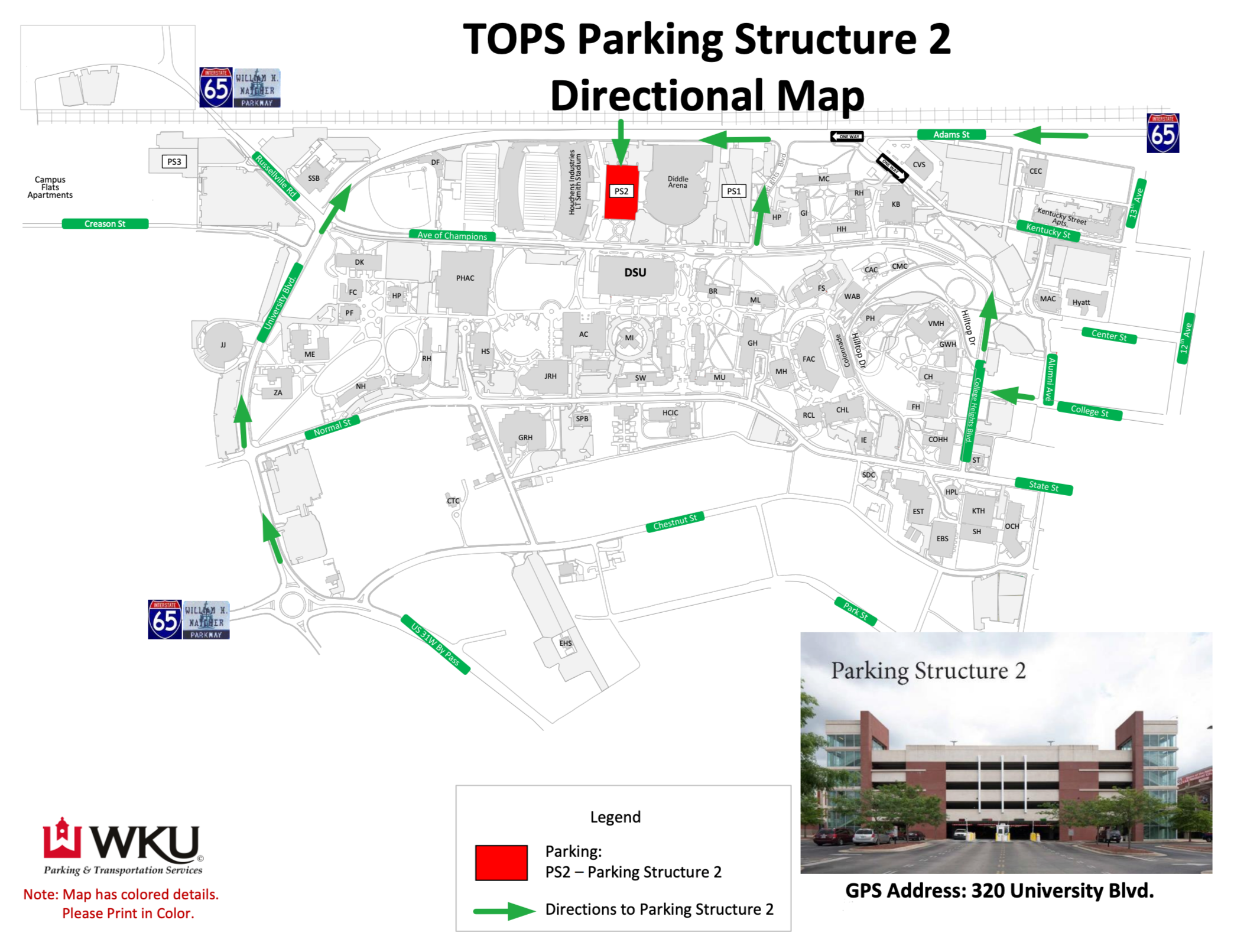 Parking map and directions to WKU Parking Structure 2 at 320 University Blvd, Bowling Green, KY 42101